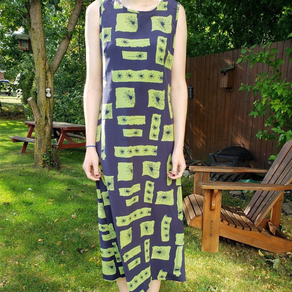 Navy Blue & Green Floral Geometric Maxi Dress